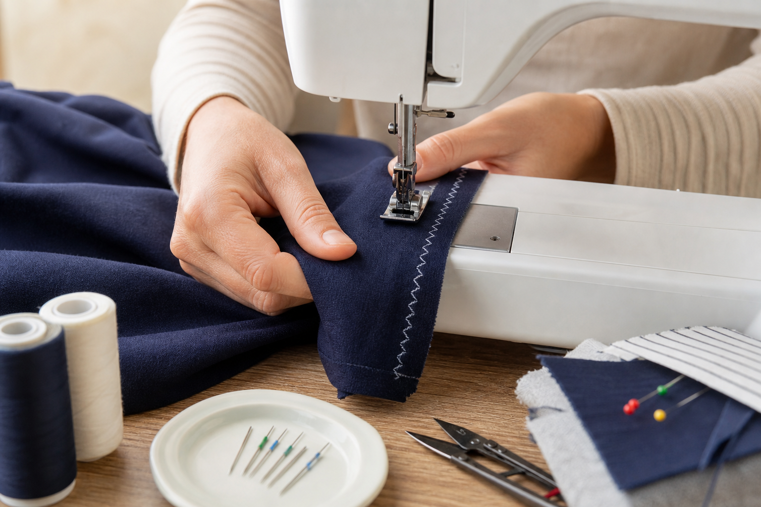 Cómo coser tela elástica con una máquina de coser usando aguja stretch y puntada zigzag