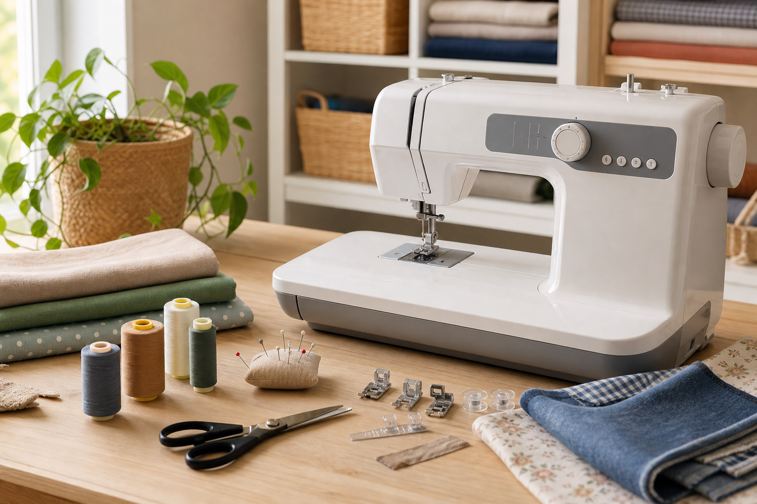 Máquina de coser doméstica rodeada de hilos, agujas y telas para una guía de compra