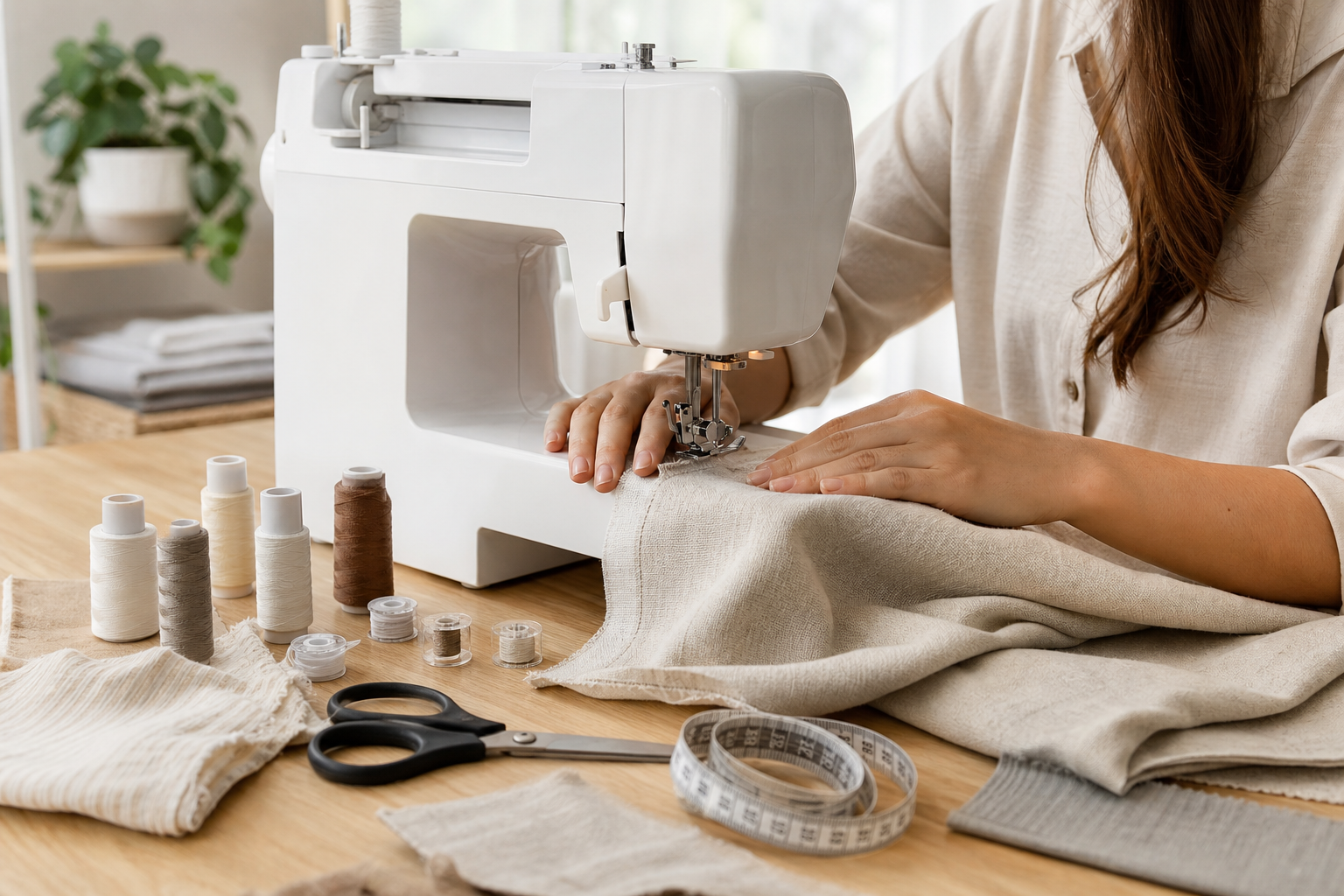Persona principiante aprendiendo cómo usar una máquina de coser con tela, hilo y accesorios sobre una mesa