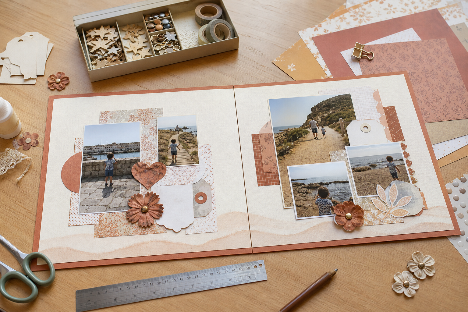 Planificación de un layout de scrapbooking mediante una cuadrícula y elementos sin pegar