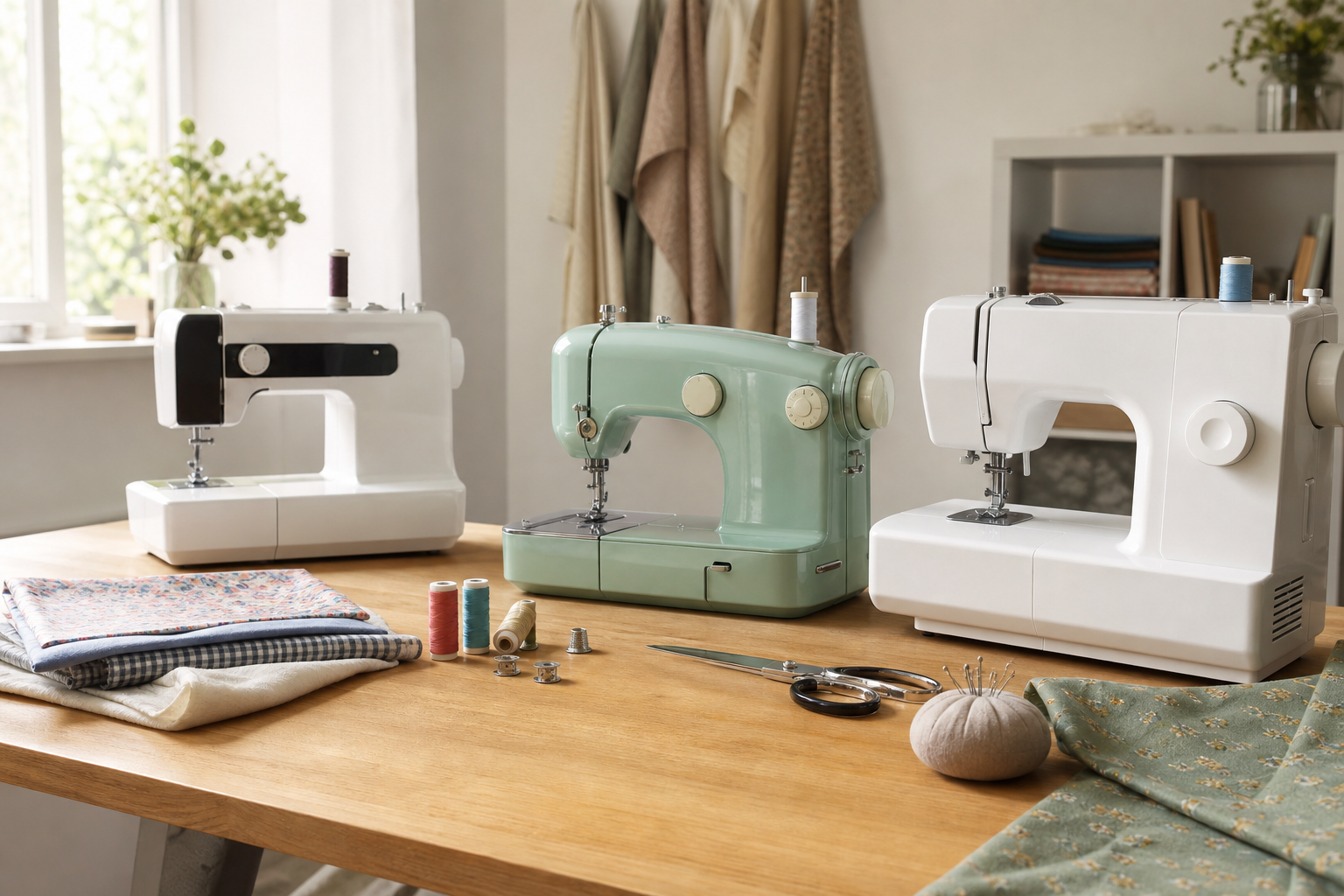 Máquinas de coser para principiantes junto a telas, hilos y accesorios de costura
