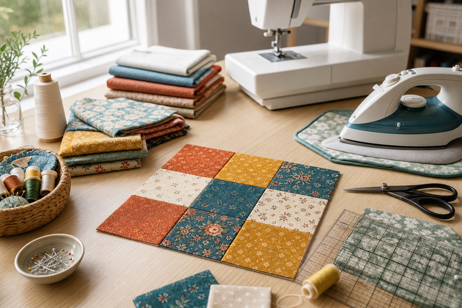 Distribución de nueve cuadrados para montar un bloque Nine Patch de patchwork