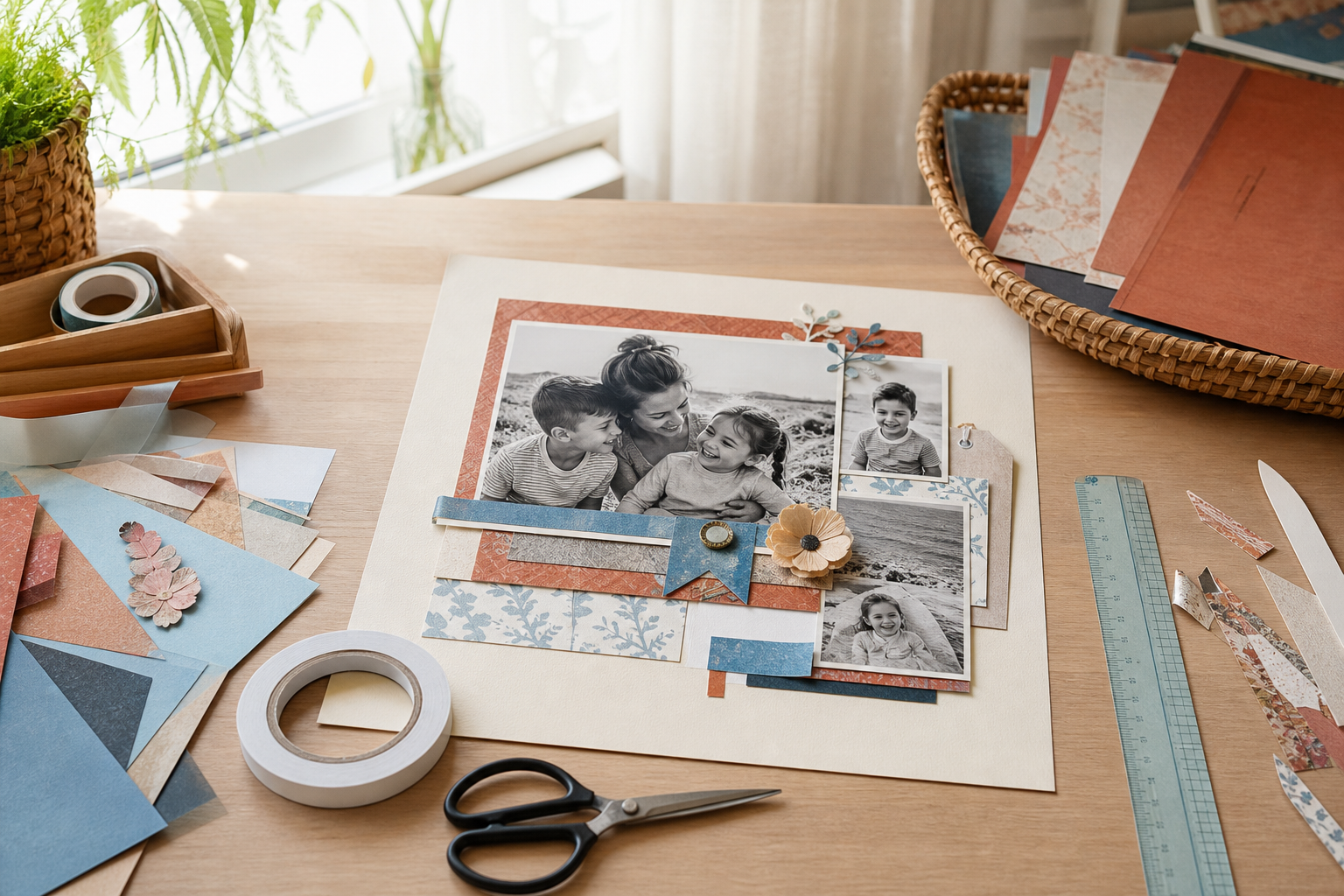 Prueba de composición para un layout de scrapbooking con fotos y capas de papel