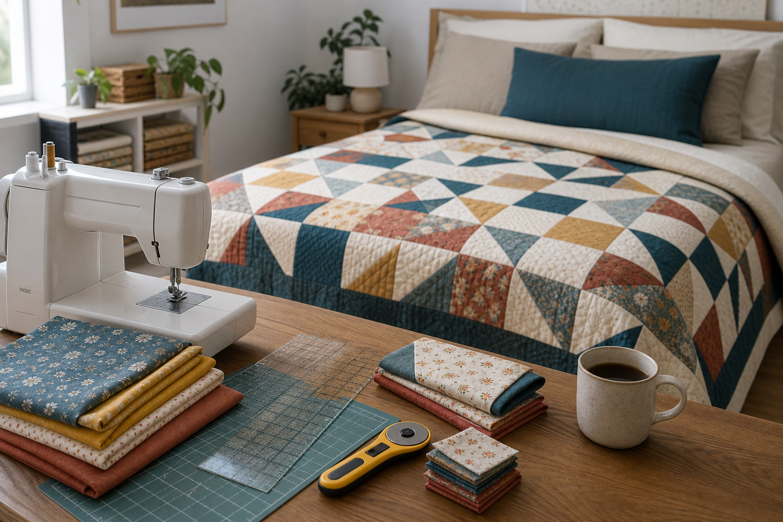 Bloques de patchwork organizados antes de coser las filas de una colcha