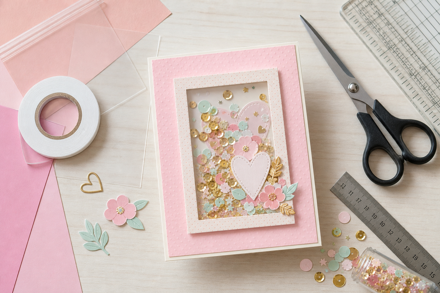Capas y materiales necesarios para montar una shaker card paso a paso