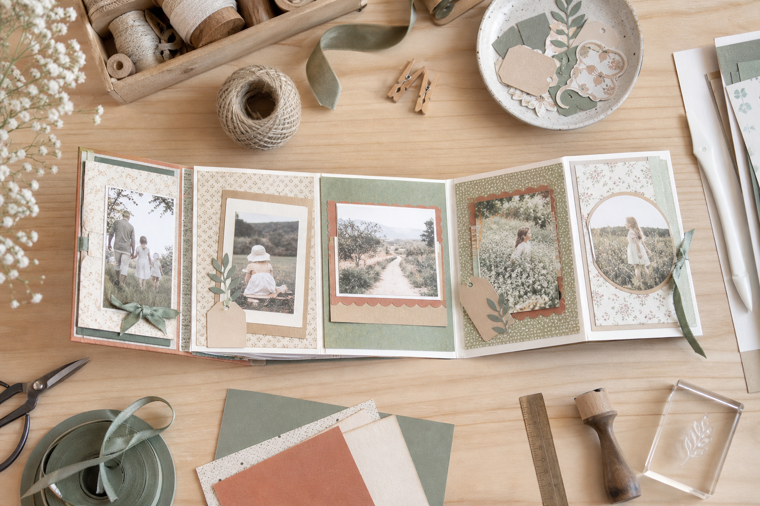 Proceso de plegado de una cartulina para crear las páginas en acordeón de un mini álbum de scrapbooking.